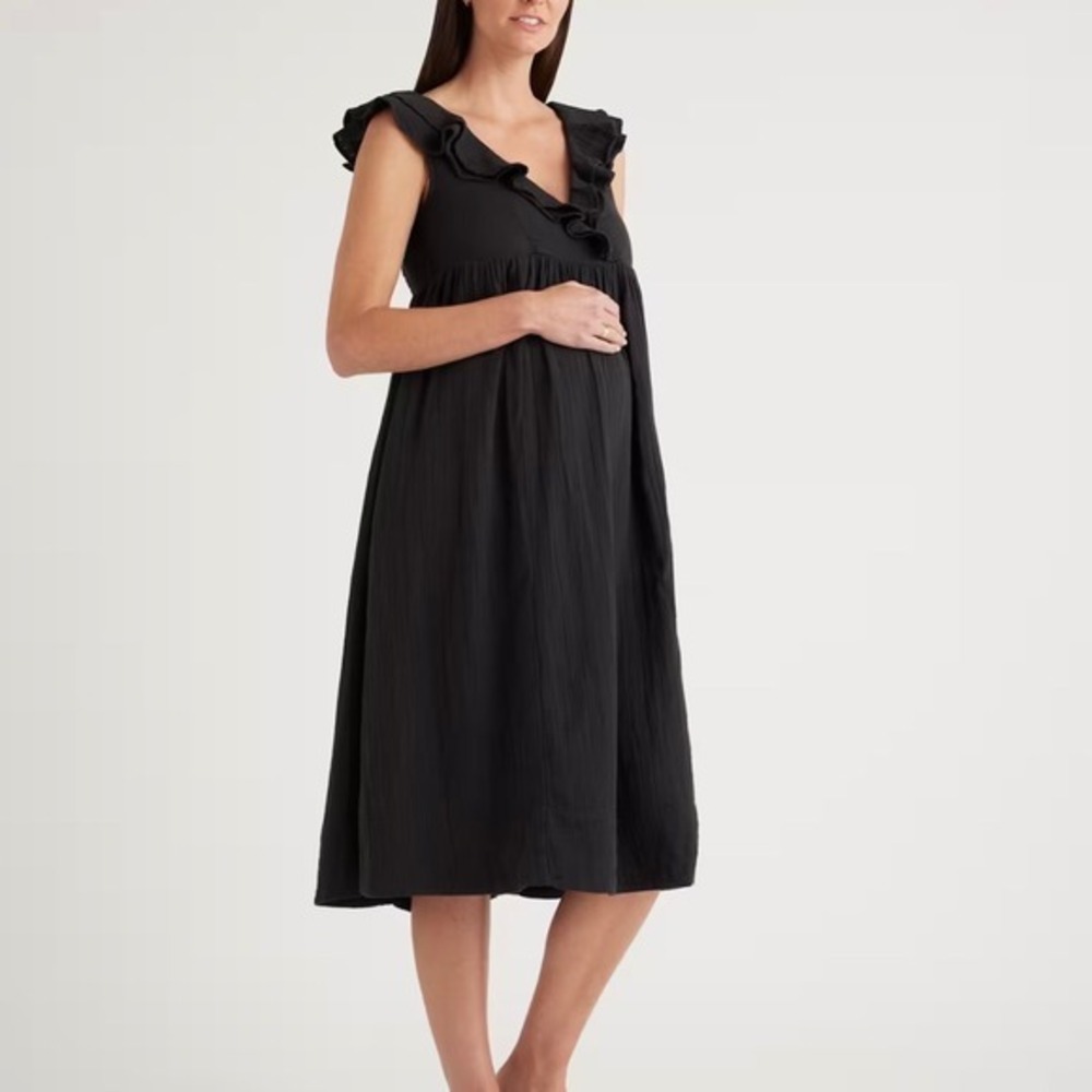 NWT Quince Women's Black Organic Cotton Gauze‎ Maternity Ruffle Front Dress S